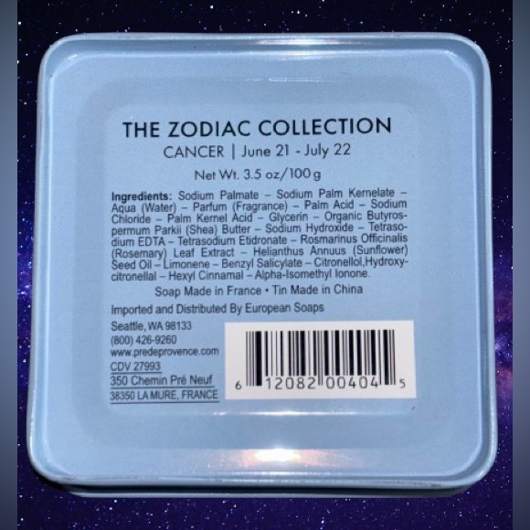 Pre De Provence - Cancer Zodiac Engraved Bar Soap in Gift Tin - Picture 3 of 8